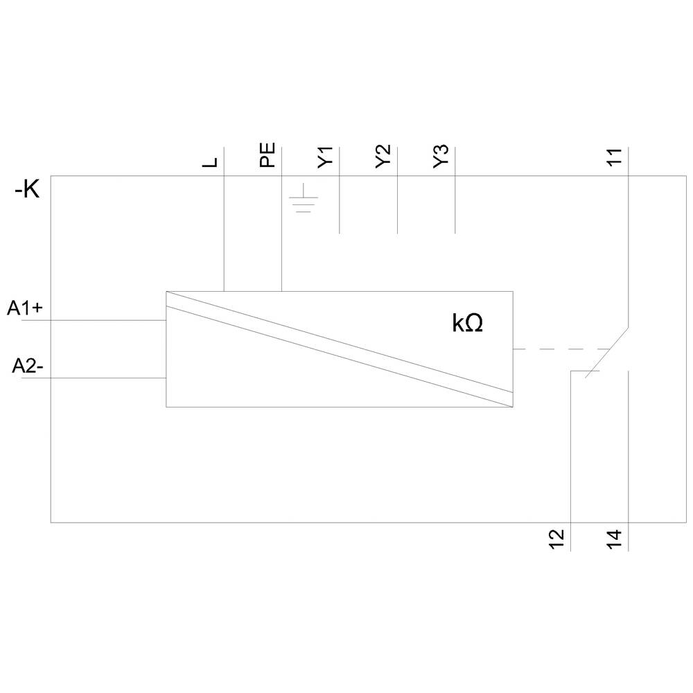Elektrischer Schaltplan mit Widerstand kΩ, Anschlüssen K, L, PE, Y1, Y2, Y3, A1+, A2-, 11, 12, 14