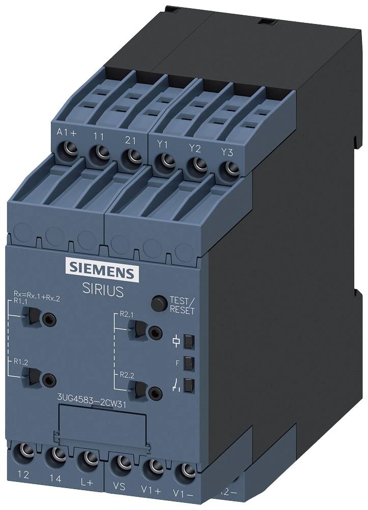 Industrieschütz von Siemens, Modell Sirius, blau und schwarz, mit mehreren Anschlüssen und Beschriftung auf der Vorderseite.
