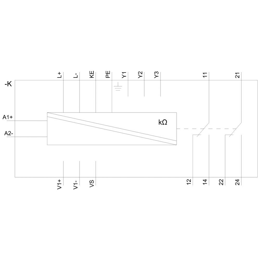 Schaltplan eines elektrischen Geräts mit Anschlüssen: '-K,  A1+, A2-, L+, L-, KE, PE, Y1-Y3, 11-12, 21-22, 24', kΩ-Widerstand im Zentrum.
