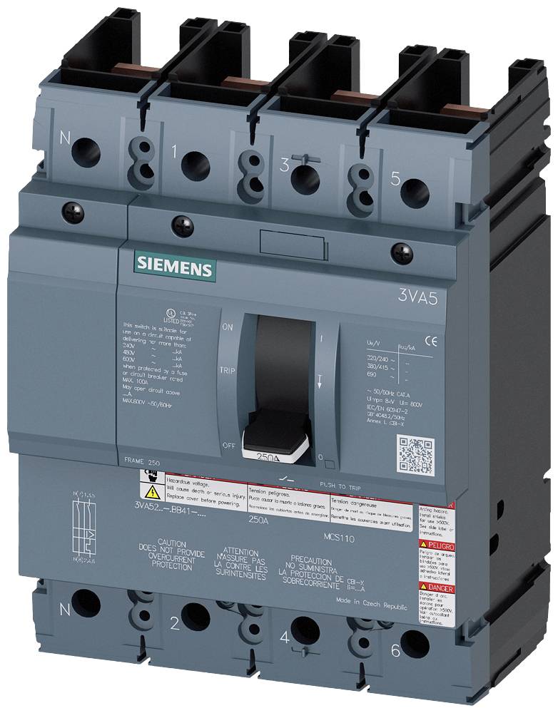 Ein automatischer Leistungsschalter von Siemens, Modell 3VA5, für industrielle elektrische Schaltschränke.