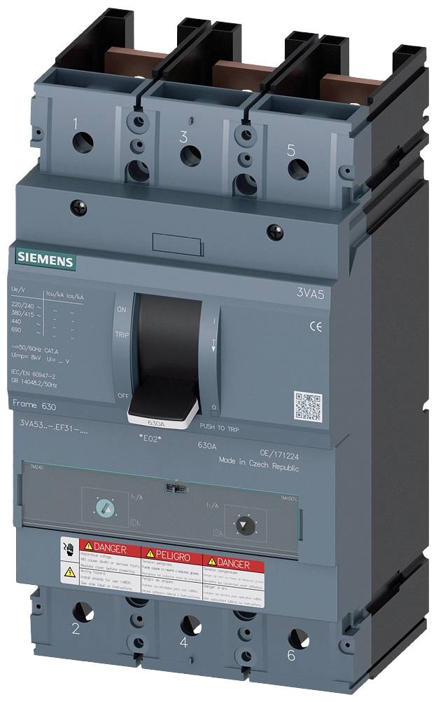 Ein elektrischer Leistungsschalter von Siemens, Modell 3VA5, mit Sicherheits- und Gefahrenhinweisen auf der Vorderseite.