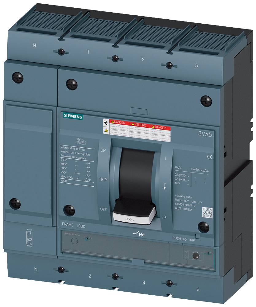 Ein großer, grauer Leistungsschalter von Siemens, Modell 3VA5, mit Kippschalter in der Mitte und Beschriftungen zur Bedienung und Sicherheit.