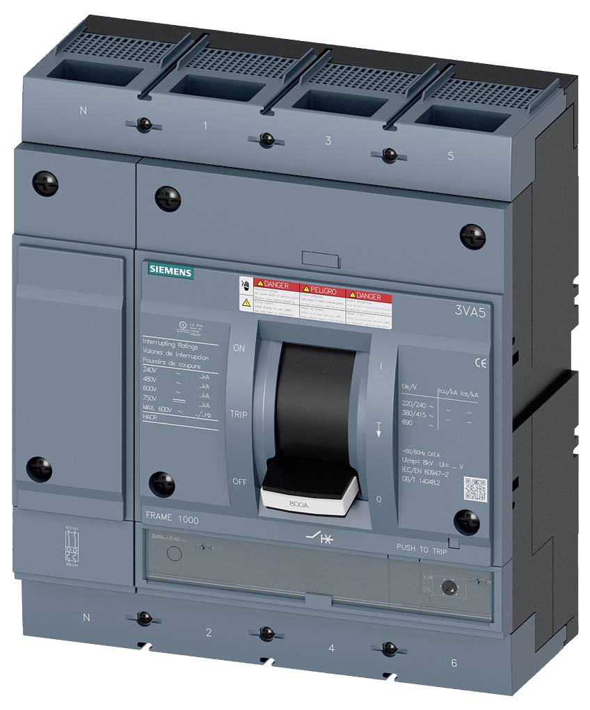 Ein Sicherungsautomat von Siemens, Modell 3VA5, aus grauem Material, zur elektrischen Schutzschaltung installiert.