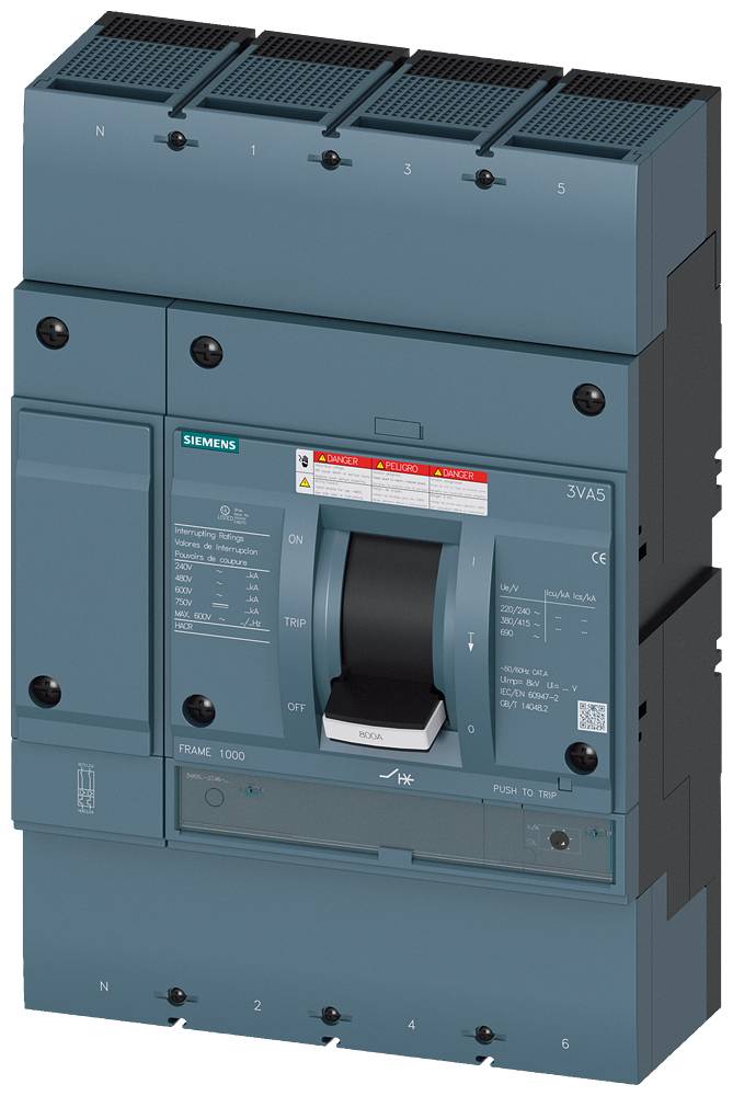 Ein blauer Siemens-Schutzschalter mit Hebel in der mittleren Position, umgeben von technischen Informationen und Kontrollanzeigen.