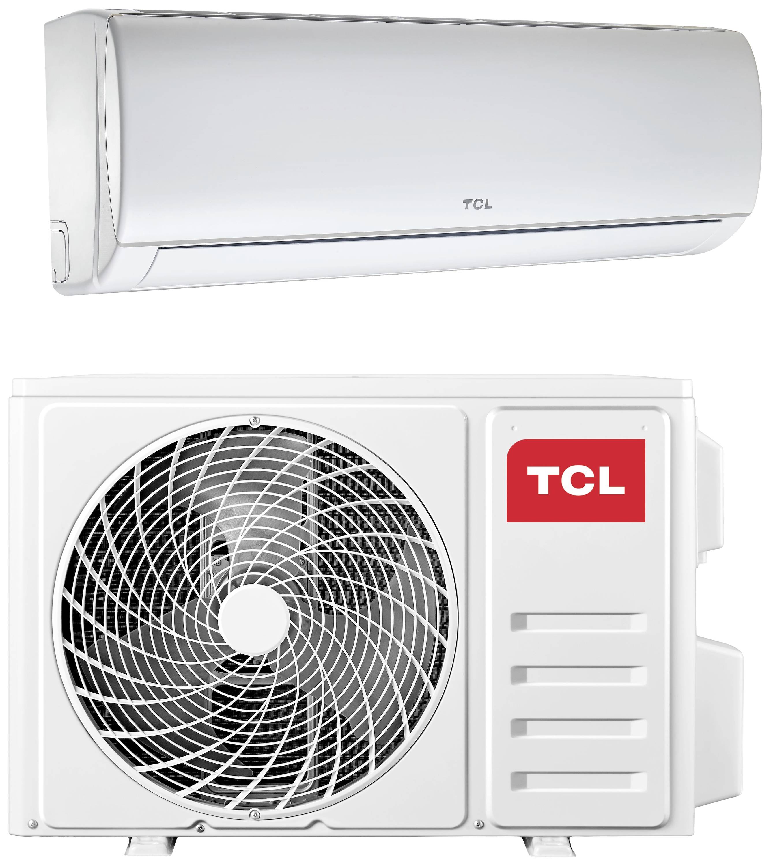 Klimaanlage von TCL: Weiße Wandinneneinheit oben und weiße Außeneinheit unten mit großem Lüfter und rotem TCL-Logo.
