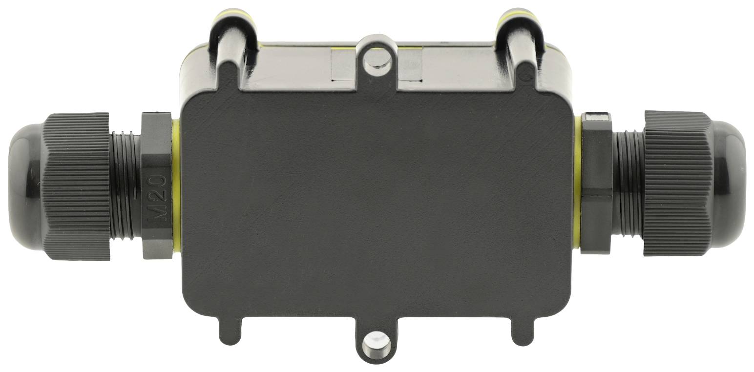 Schwarze elektrische Kabelverbindung mit zwei seitlichen Verschraubungen, verwendet zum Sichern und Verbinden von elektrischen Kabeln.