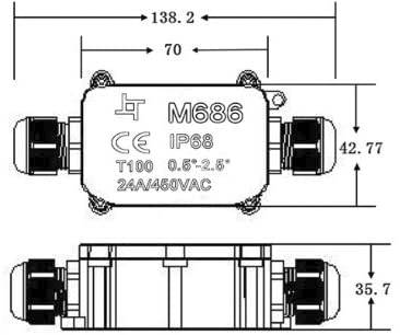 Ein rechteckiger elektrischer Anschlusskasten mit der Aufschrift 'M686 IP68', sowie den Maßen: Länge 138,2 mm, Breite 70 mm.