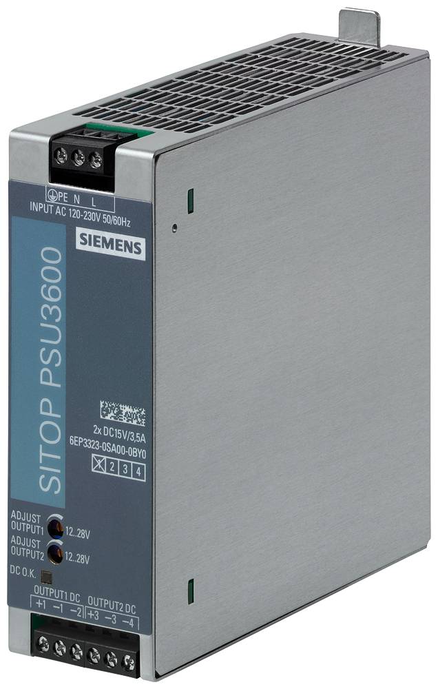 Ein Siemens SITOP PSU3600 Schaltnetzgerät, mit Eingangs- und Ausgangsanschlüssen sowie Spannungskennzeichnungen auf der Vorderseite.