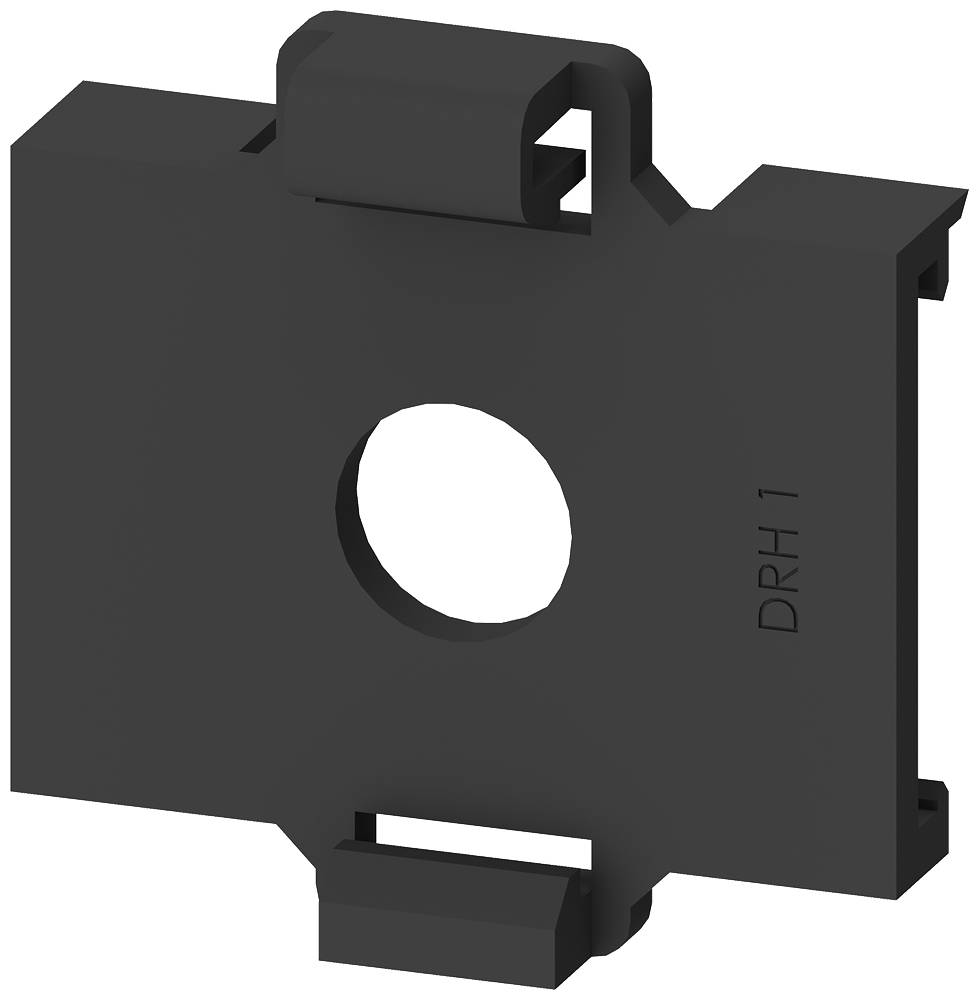 Schwarzes, quadratisches Kunststoffteil mit zentralem rundem Loch und seitlicher Aufschrift 'DRH 1'; scheint technisch-funktional.