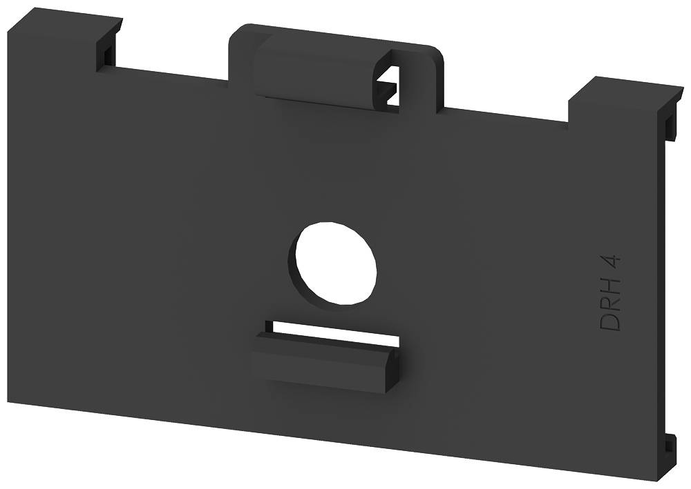 Schwarze Kunststoffplatte mit rechteckiger Form und zwei Klemmen oben und unten. Ein rundes Loch in der Mitte, rechts die Gravur 'DRH 4'.