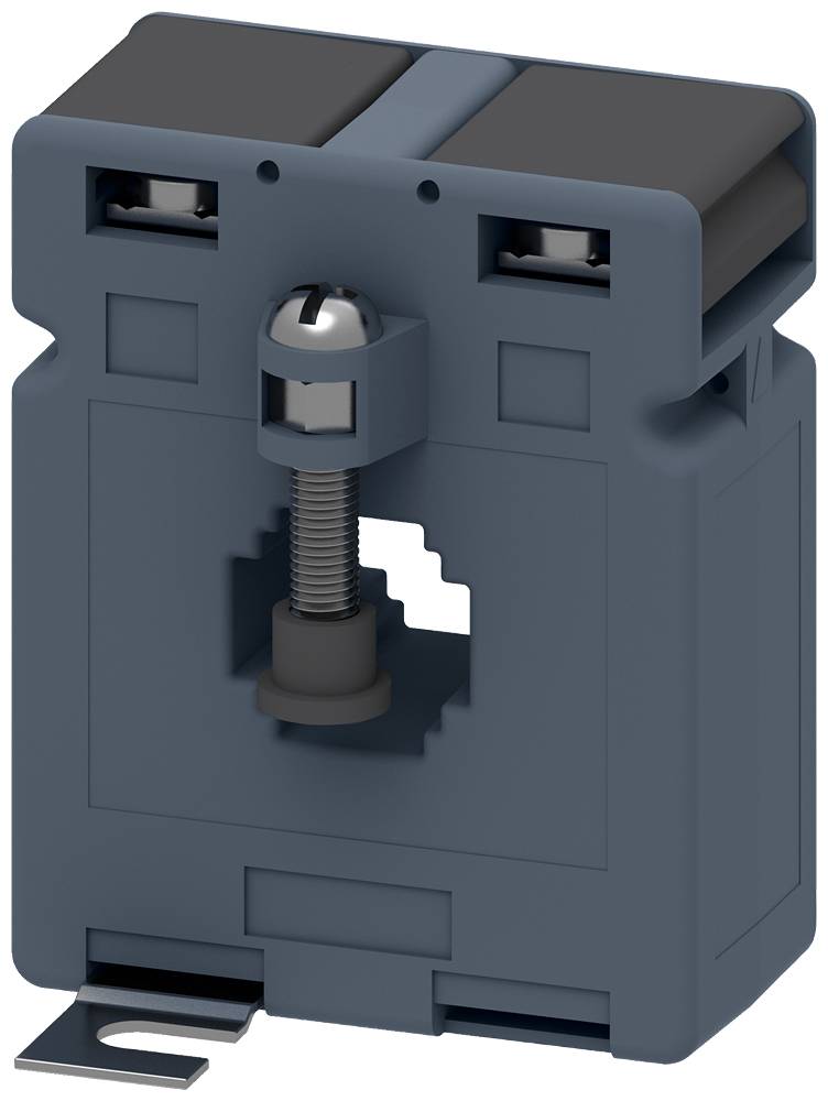 Ein grauer elektrischer Stromsensor mit rechteckigem Design und offenem mittleren Bereich, montierbar auf einer Schiene.