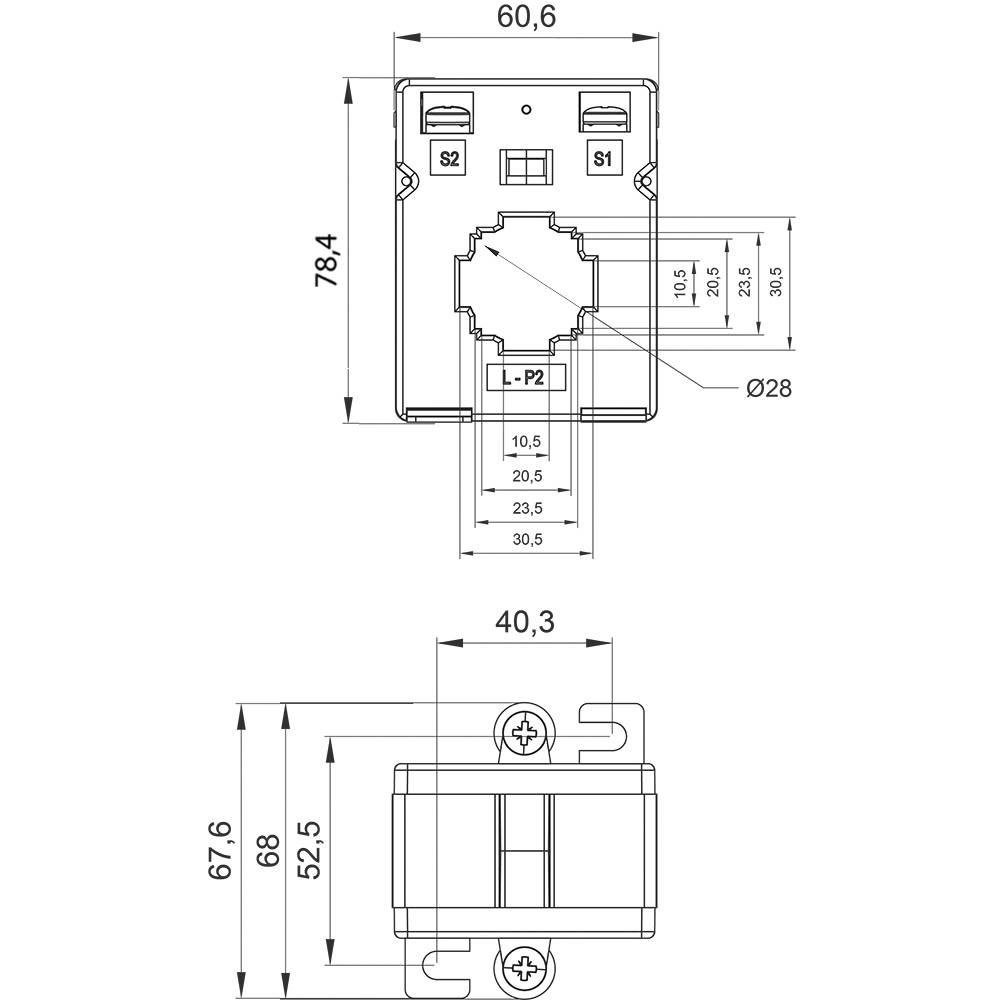 Technische Zeichnung eines elektrischen Bauteils mit Maßen: Höhe 78,4 mm, Breite 60,6 mm. Details und Abstände der Teile angegeben.