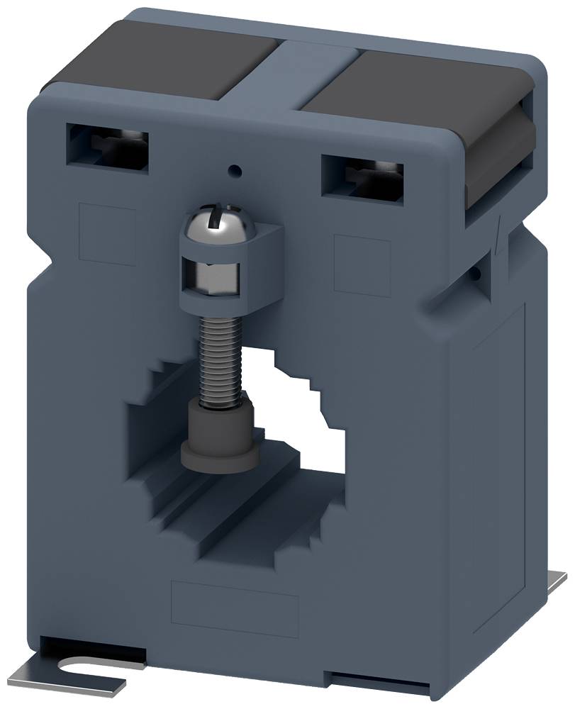 Ein blauer Stromwandler mit einem quadratischen Loch in der Mitte und einer Schraube oben, verwendet zur Messung elektrischen Stroms.