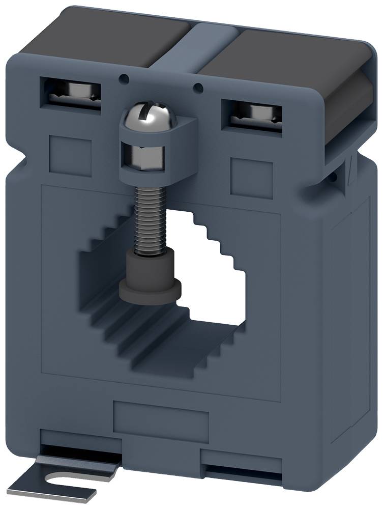 Ein rechteckiger, grauer Stromwandler mit offener Spule, Klemmen oben und einer Schraube zur Befestigung in der Mitte.