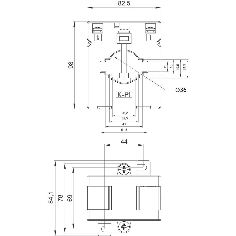 Technische Zeichnung eines elektrischen Schalters mit Abmessungen. Oben: Frontansicht, Breite 82,5 mm, Höhe 98 mm. Unten: Seitenansicht, Höhe 84,1 mm.