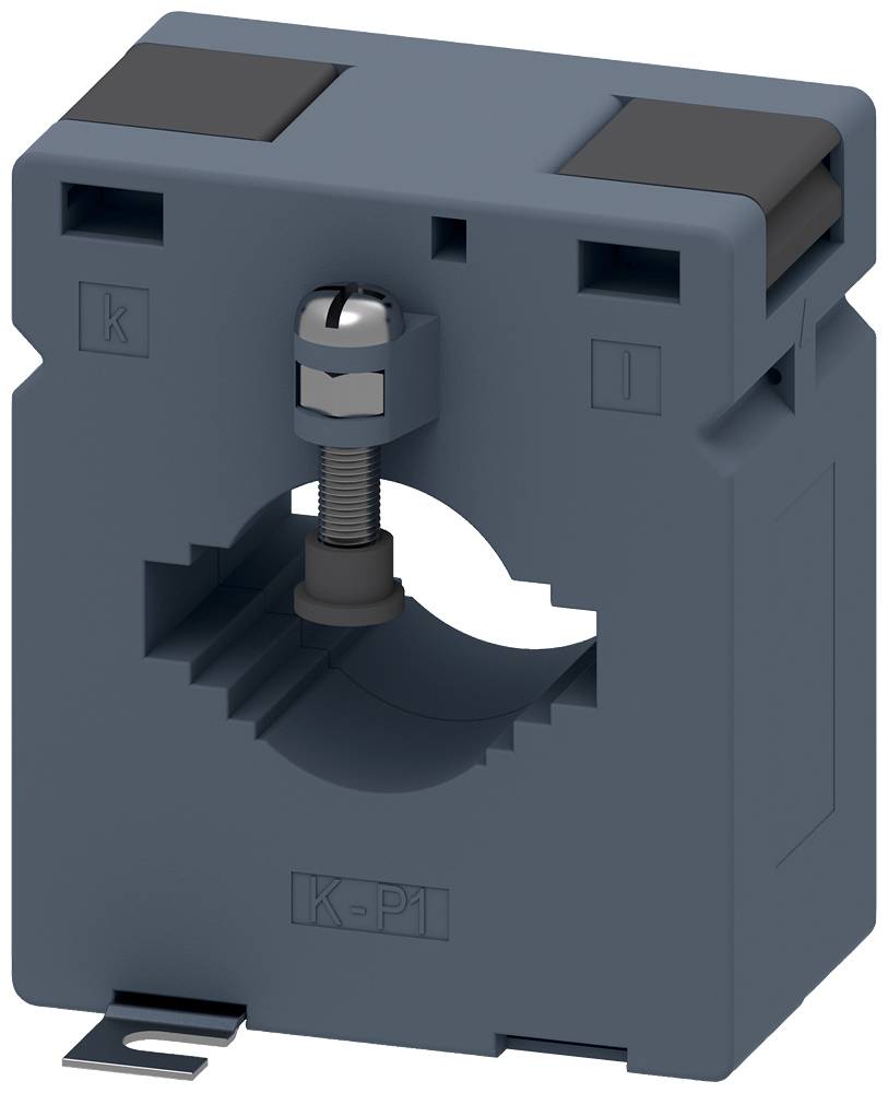 Ein grauer Stromsensor mit quadratischer Öffnung, geeignet für Kabel- und Schienenmessung.