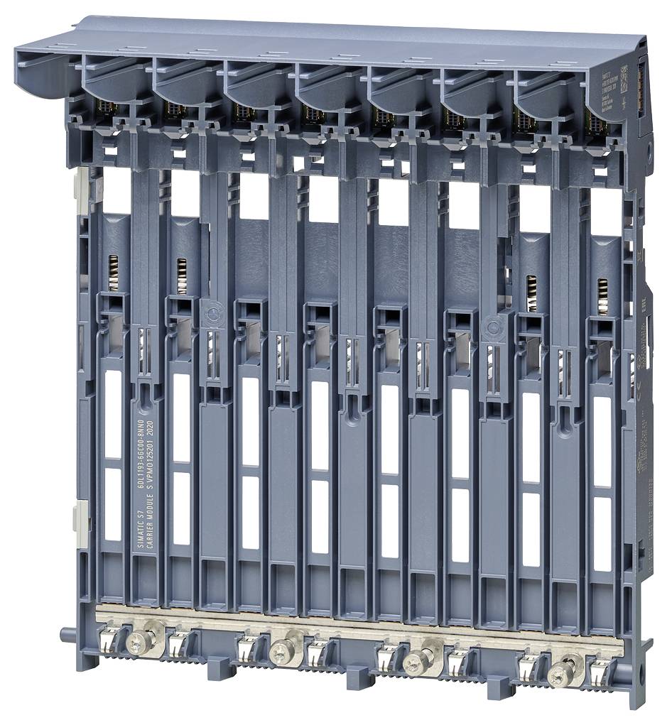 Ein blaues elektrisches Anschlussmodul mit mehreren parallelen Steckplätzen. Es zeigt die technische Struktur des Geräts.