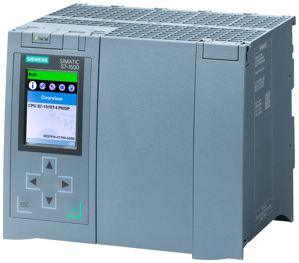 Industrieelektronikbauteil von Siemens, Modell SIMATIC S7-1500. Es zeigt ein Display mit Betriebsstatus auf der Vorderseite.
