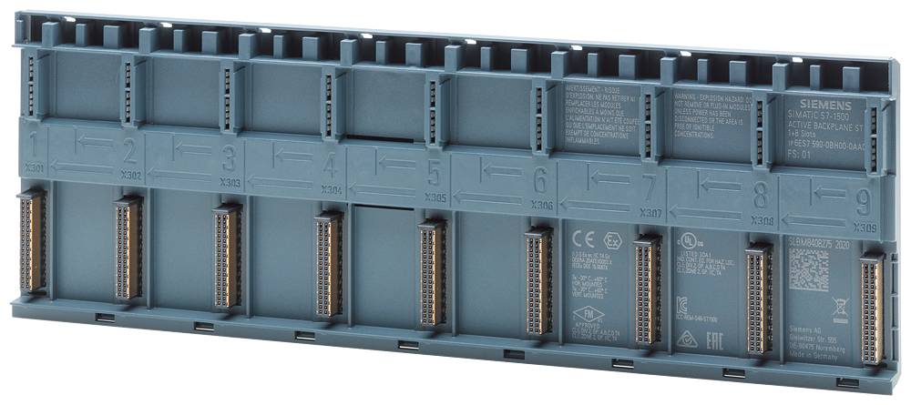 Eine blaue SIMATIC S7-1500 Rückwandbus-Klinkenleiste mit zehn Steckplätzen für Automatisierungsgeräte, nummeriert von 1 bis 10.