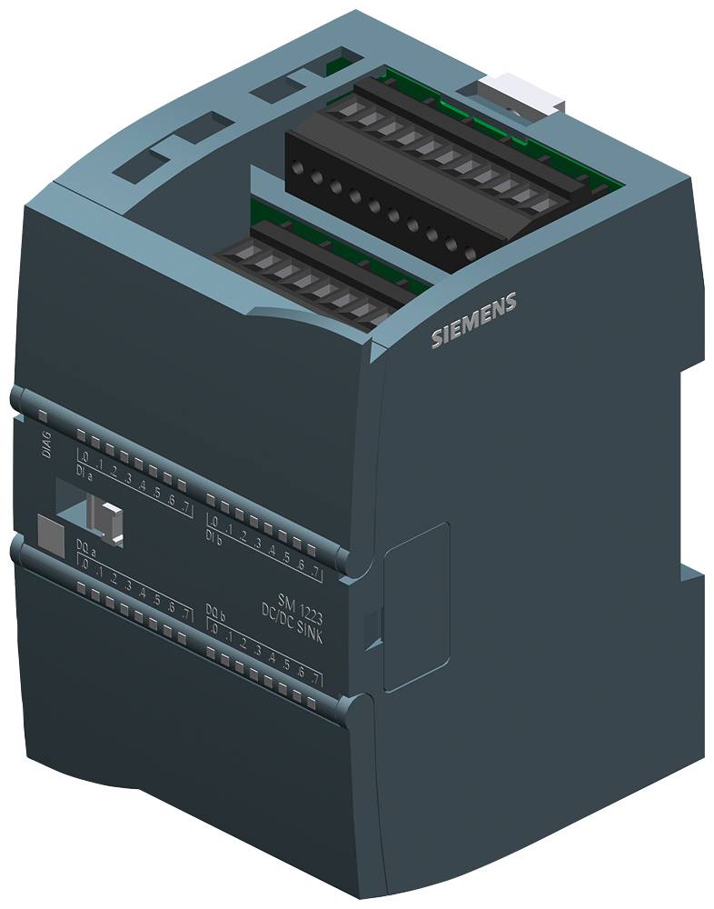Abbildung eines Siemens SM 1223 DC/DC/SINK, ein Erweiterungsmodul für SPS-Systeme mit mehreren Anschlussstellen und LED-Anzeigen.