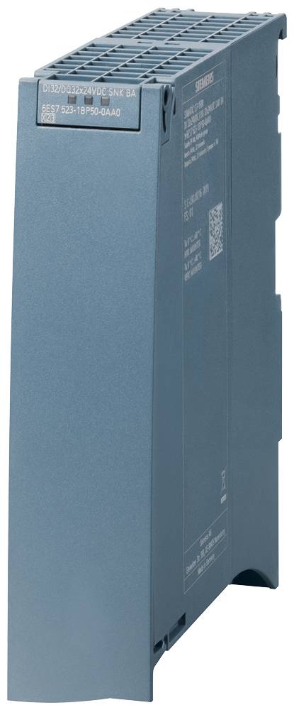 Industrieelektronikmodul in blau, vertikale Bauform, mit umfangreicher Beschriftung auf der Vorderseite.