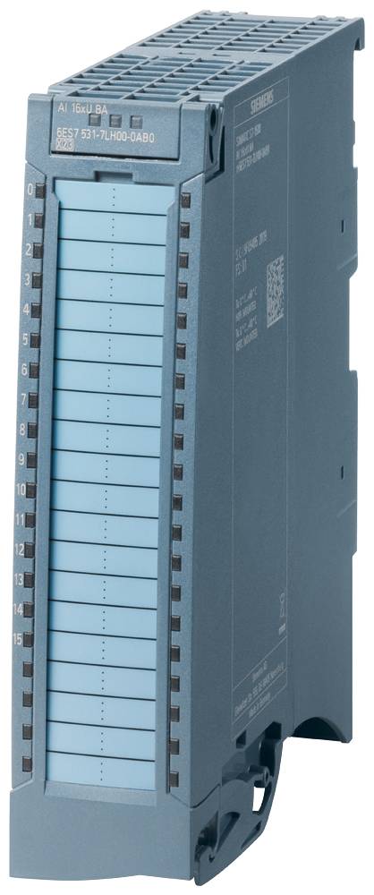 Grau-blau modulare elektronische Komponente mit seitlichen Schlitzen und Barcode, möglicherweise Teil eines Steuerungssystems.