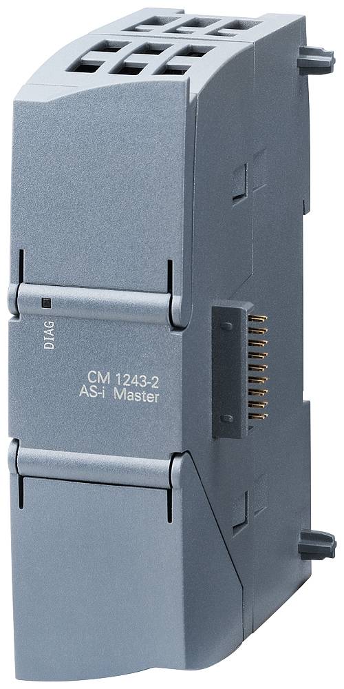 Industrie-Modul in grauer Farbe, beschriftet mit 'CM 1243-2 AS-i Master', zeigt seitliche Anschlüsse und obere Belüftungsschlitze.
