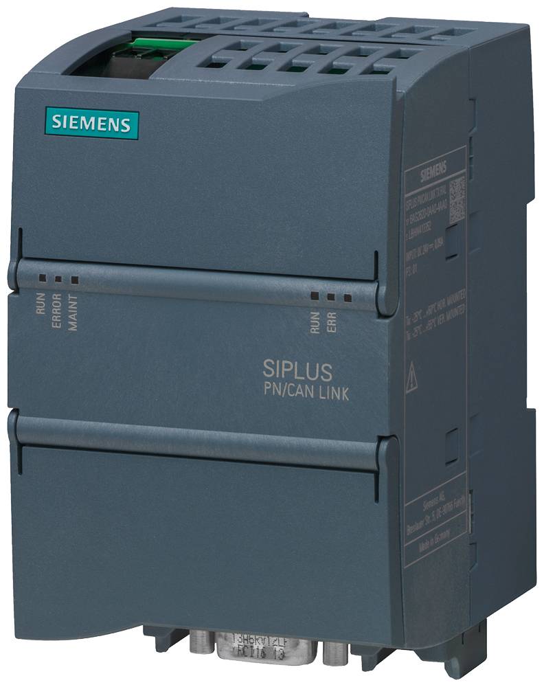 Ein graues elektronisches Gerät von Siemens, Typ 'SIPLUS PN/CAN LINK'. Design für industrielle Steuerung und Datenkommunikation.