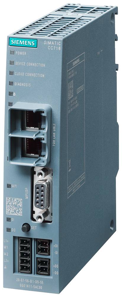 Industrie-Ethernet-Modul mit mehreren Anschlüssen und LEDs für Diagnose, zeigt den Siemens-Logonamen an.