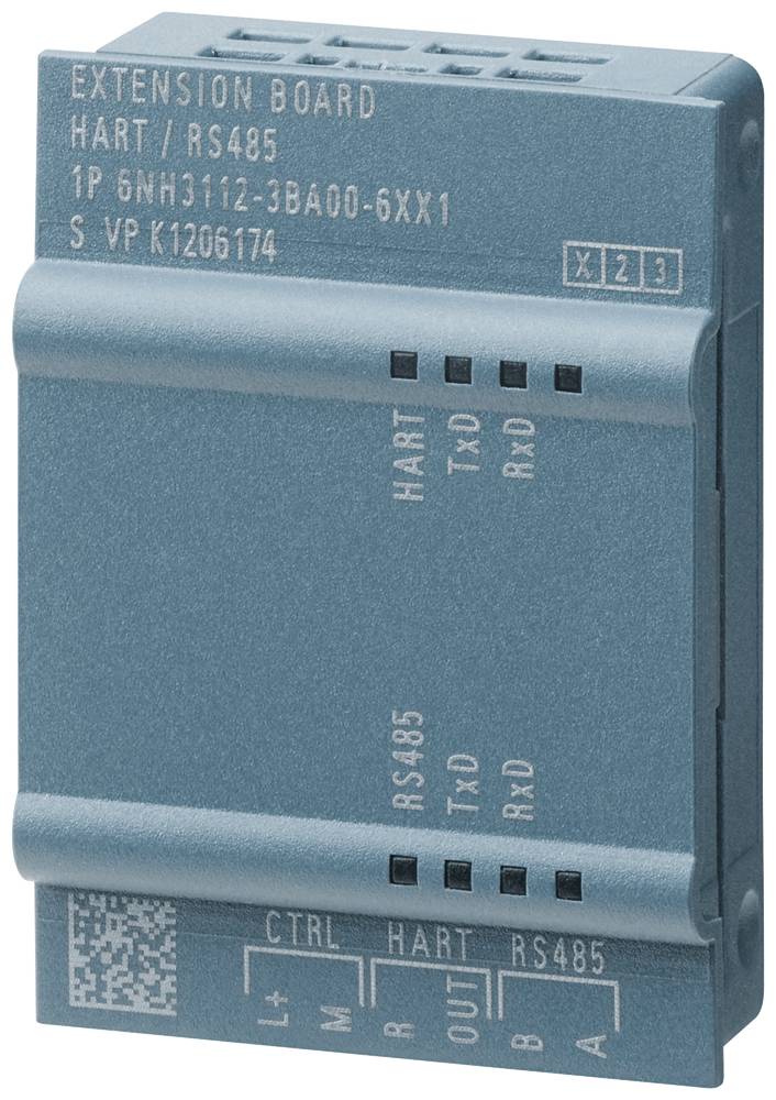 Ein blaues Erweiterungsmodul mit der Aufschrift 'EXTENSION BOARD HART/RS485'. Es zeigt mehrere Anschlüsse und technische Spezifikationen.