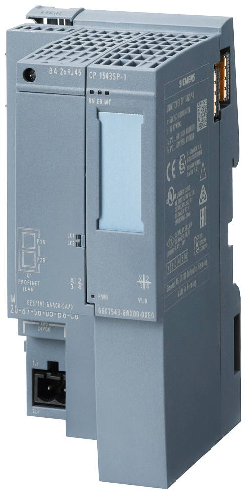 'Siemens SIMATIC CP 1543SP-1 Kommunikationsprozessor'. Ein graues, rechteckiges Modul mit mehreren Anschlüssen, verwendet in industriellen Netzwerken.