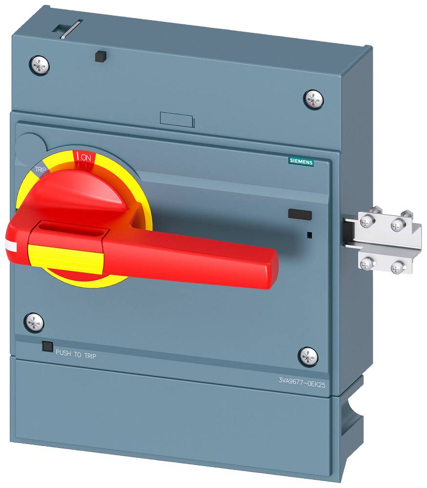 Ein grauer Sicherheitsschalter mit rotem Hebel für Stromkreisschutz. Hebel zeigt 'Off'-Position an. Montiert auf Metallplatte.