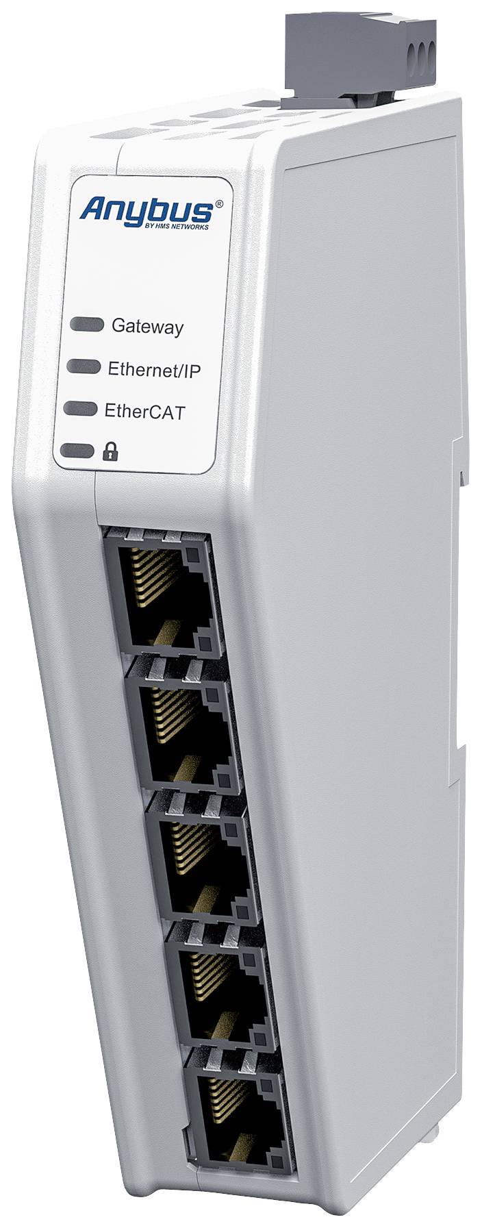 Industriegerät mit fünf Ethernet-Anschlüssen und Aufschrift 'Anybus', unterstützt Gateway, EtherNet/IP und EtherCAT.