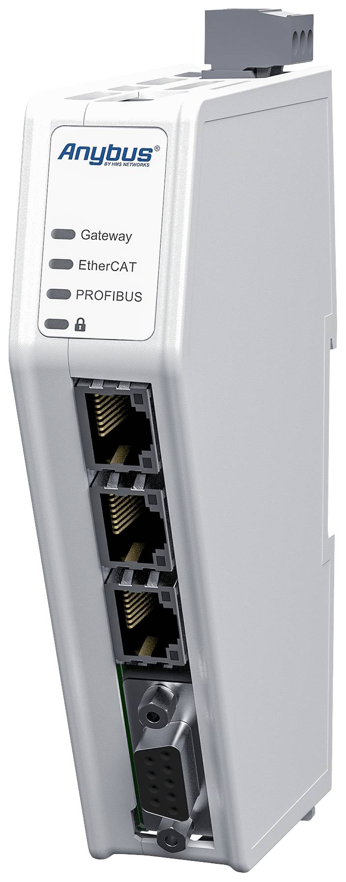 Ein weißes Gerät mit drei Ethernet-Anschlüssen und einem weiteren Anschluss darunter. Aufschrift zeigt 'Gateway', 'EtherCAT', 'PROFIBUS'.