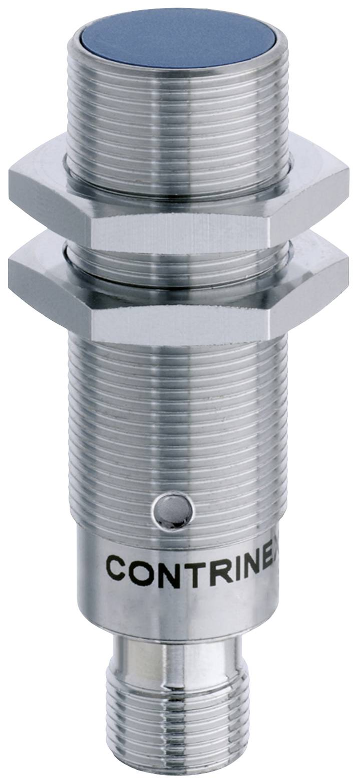 Zylindrischer Metall-Gegenstand mit Schraubgewinde und blauem Sensor an der Spitze, beschriftet mit 'CONTRINEX'.