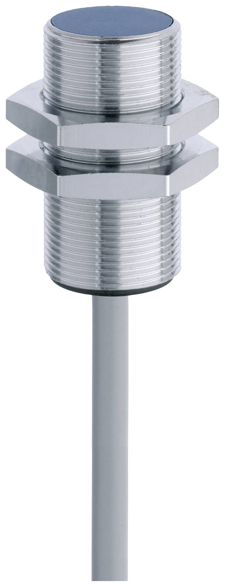 Ein zylindrischer, metallischer Sensor mit Gewinde und Kabelanschluss. Wird oft in industriellen Anwendungen zur Objekterkennung eingesetzt.