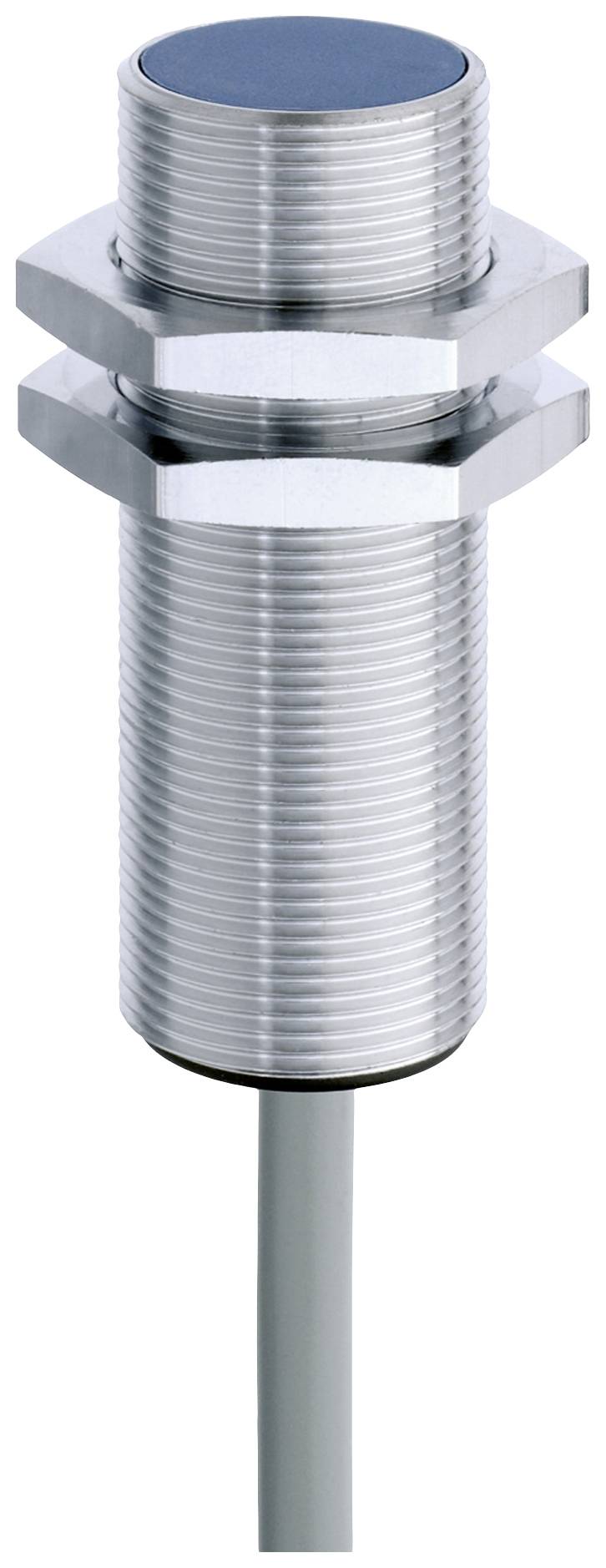 Zylindrischer, metallischer Sensor mit Gewinde, Kabelanschluss unten.