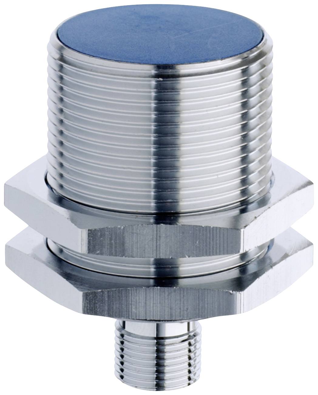 Ein zylindrischer, metallischer Sensor mit Gewinde und sechseckiger Mutter, geeignet für industrielle Anwendungen.