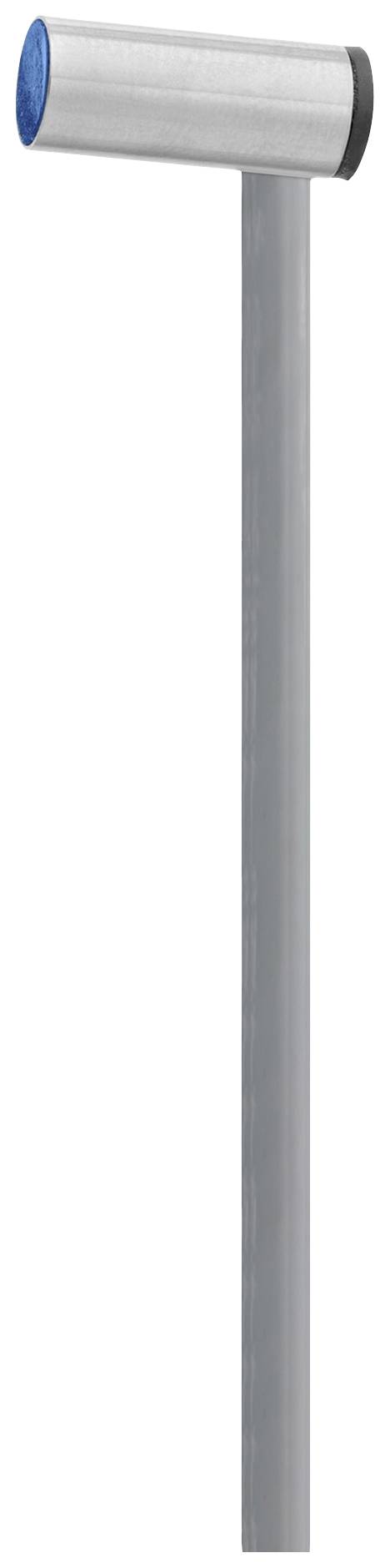 Ein grauer Metallstab mit einem blauen, zylindrischen Griff. Die Struktur wirkt stabil und könnte als Handgriff dienen.