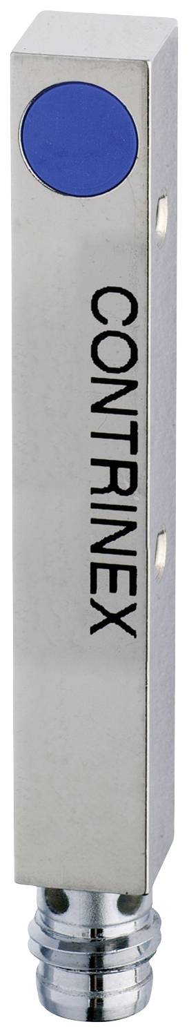 Ein rechteckiger Sensor von Contrinex mit silbernem Gehäuse und blauem Knopf an der Vorderseite.