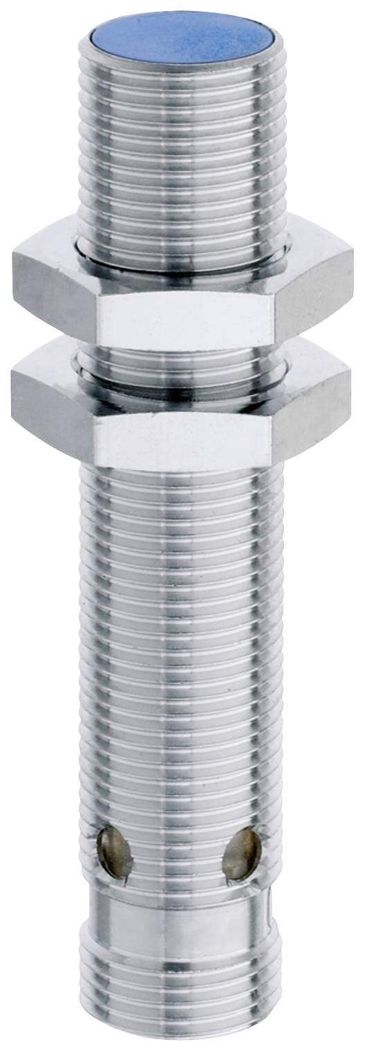 Zylindrischer induktiver Sensor aus Metall mit zwei Schrauben für die Befestigung.