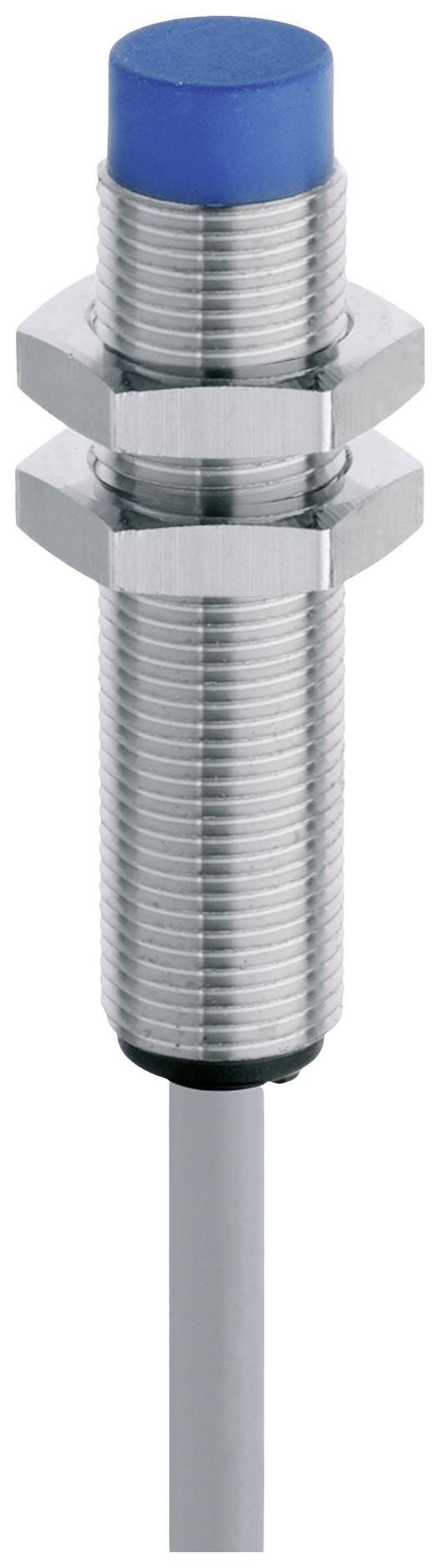 Ein zylindrischer Sensor mit blauer Kappe und Metallgehäuse, geeignet für industrielle Anwendungen zur Objekterkennung.