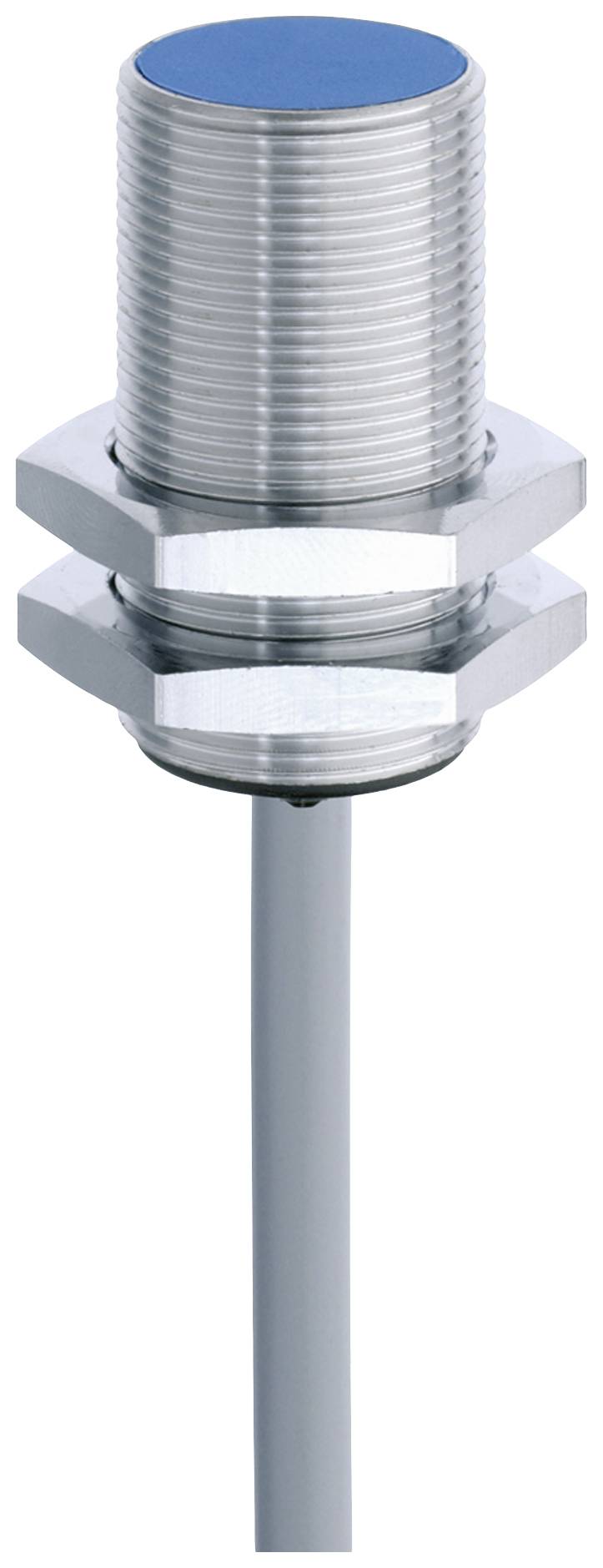 Ein zylindrischer, metallischer Sensor mit blauer Spitze und einem Anschlusskabel unten. Der Sensor ist zur Erkennung von Objekten.