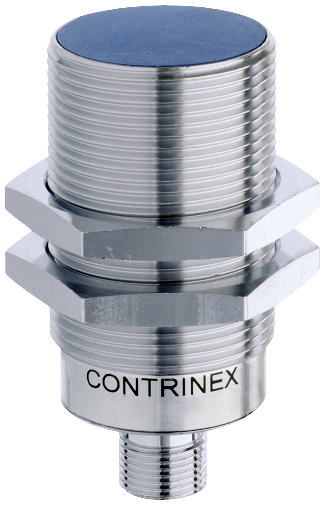 Silberner zylindrischer Sensor mit blauer Kappe und Gewinde, Marke 'CONTRINEX', zur Erkennung von Objekten in industriellen Anwendungen.
