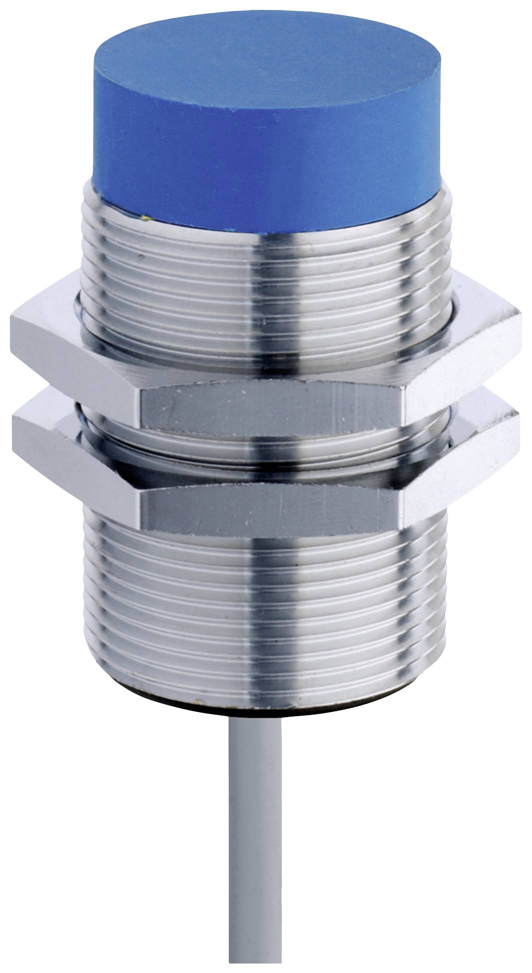 Zylindrischer induktiver Sensor mit blauem Kopf, Gewindegehäuse aus Metall und Kabel, zur Objekterkennung in automatisierten Systemen.