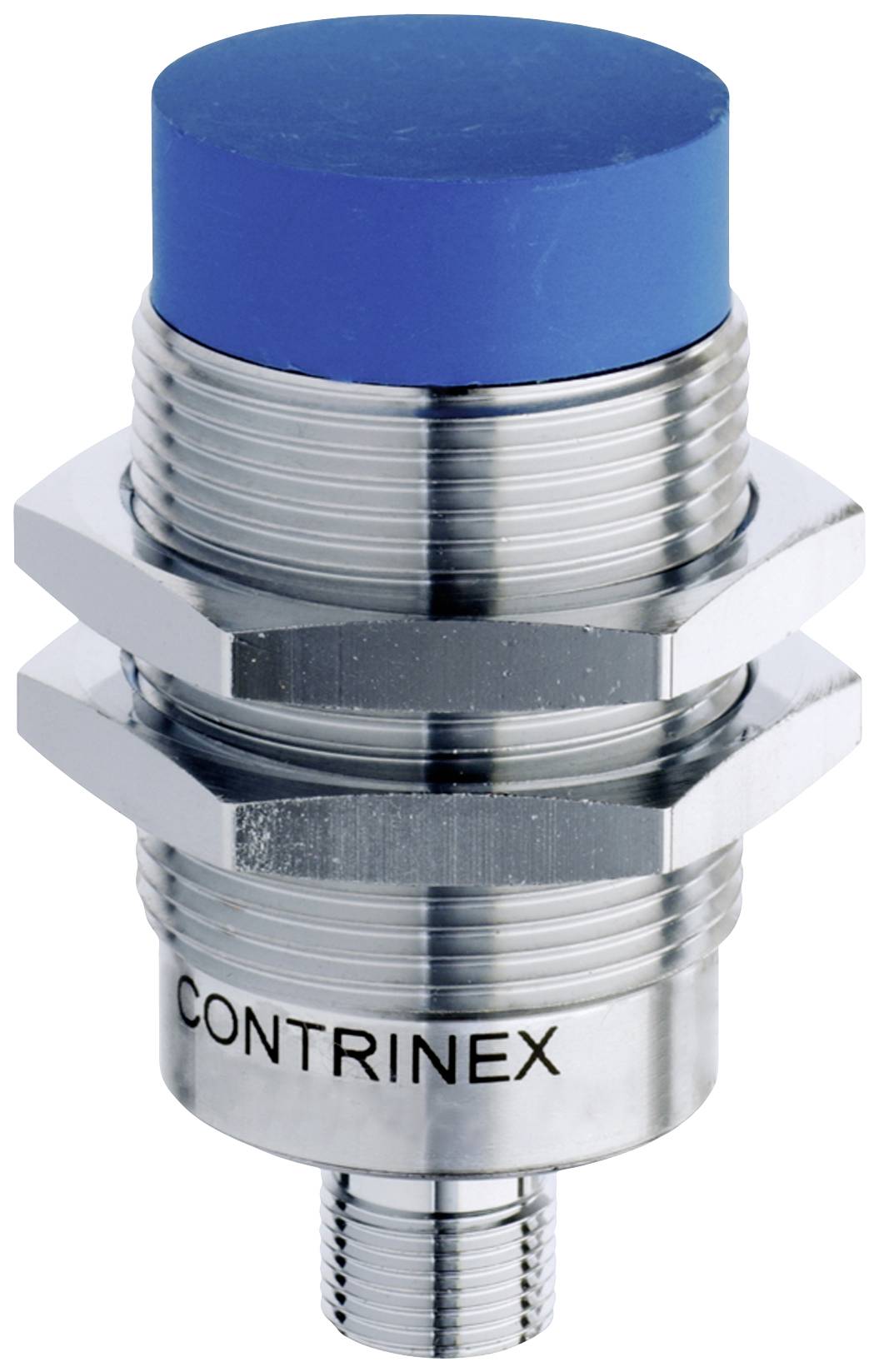 Ein zylindrischer, metallischer Sensor mit blauer Kunststoffspitze und Beschriftung 'CONTRINEX' auf der Seite.