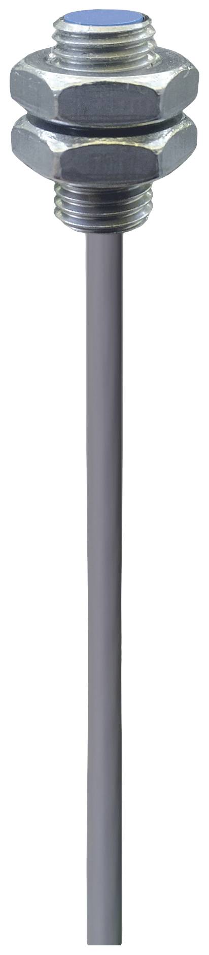Metallsensor mit Schraubgewinde und Kabel zur Signalübertragung. Geeignet für industrielle Anwendungen zur Erkennung von Objekten.