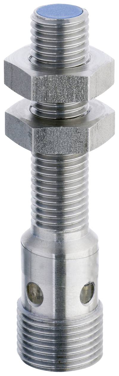 Ein Metallventil mit Schraubgewinde und Sechskantmuttern, Vertiefungen an der Seite; verwendet in mechanischen Anwendungen.