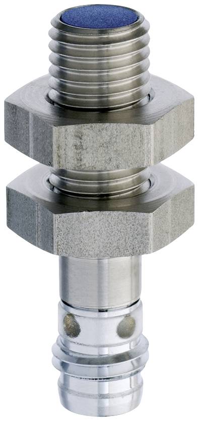 Metallischer Zylinderstecker mit zwei Sechskantmuttern, einer blauen abgerundeten Spitze und mehreren Rillen zur Verbindung.