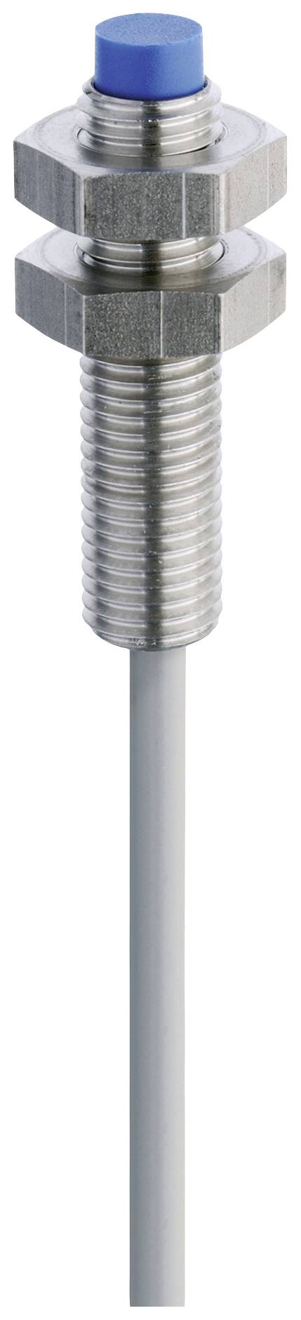Zylindrischer Näherungssensor mit blauem Kopf und Metallgehäuse, Kabel unten. Verwendet zur berührungslosen Erkennung von Objekten.